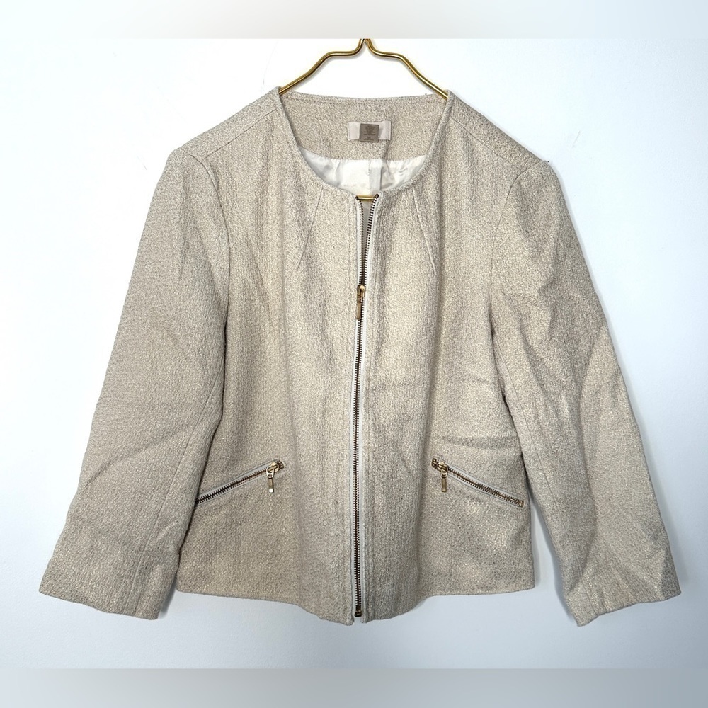 Ann Taylor LOFT Cream Gold Metallic Short Zip Front Jacket Pockets Women’s Small